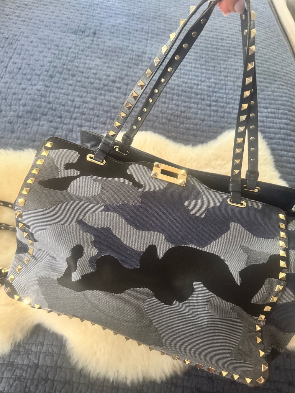Valentino Blue Silk “Camo” Rockstud Tote